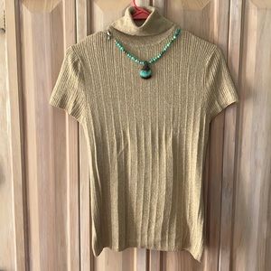 Golden glitter knit top, turtleneck, cap sleeves.